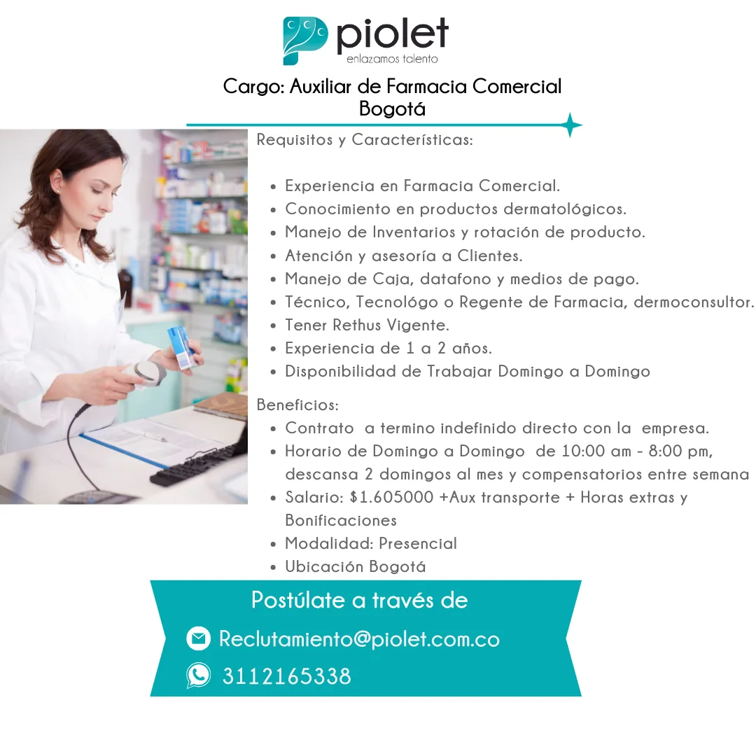 Pieza de la vacante Auxiliar de Farmacia en Bogotá